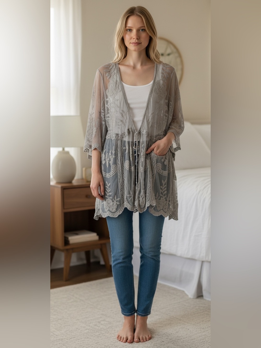 POL Anthropologie Elegant Lace Kimono Cardigan M Gray Duster